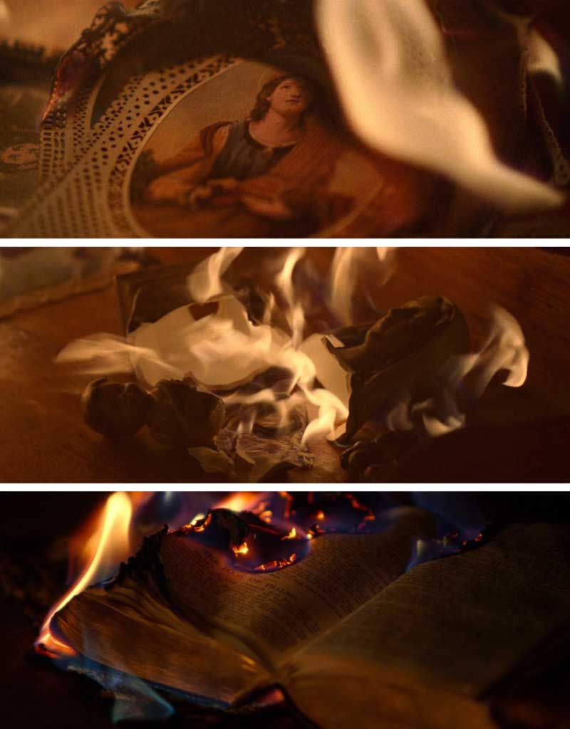 Imagens de santas, Nossa Senhora com o Menino Jesus no colo e Bíblia sendo queimadas.