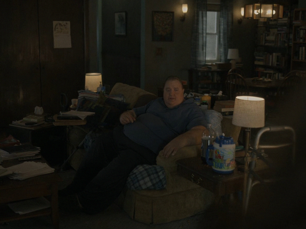 Charlie (Brendan Fraser) sentado no seu sofá.