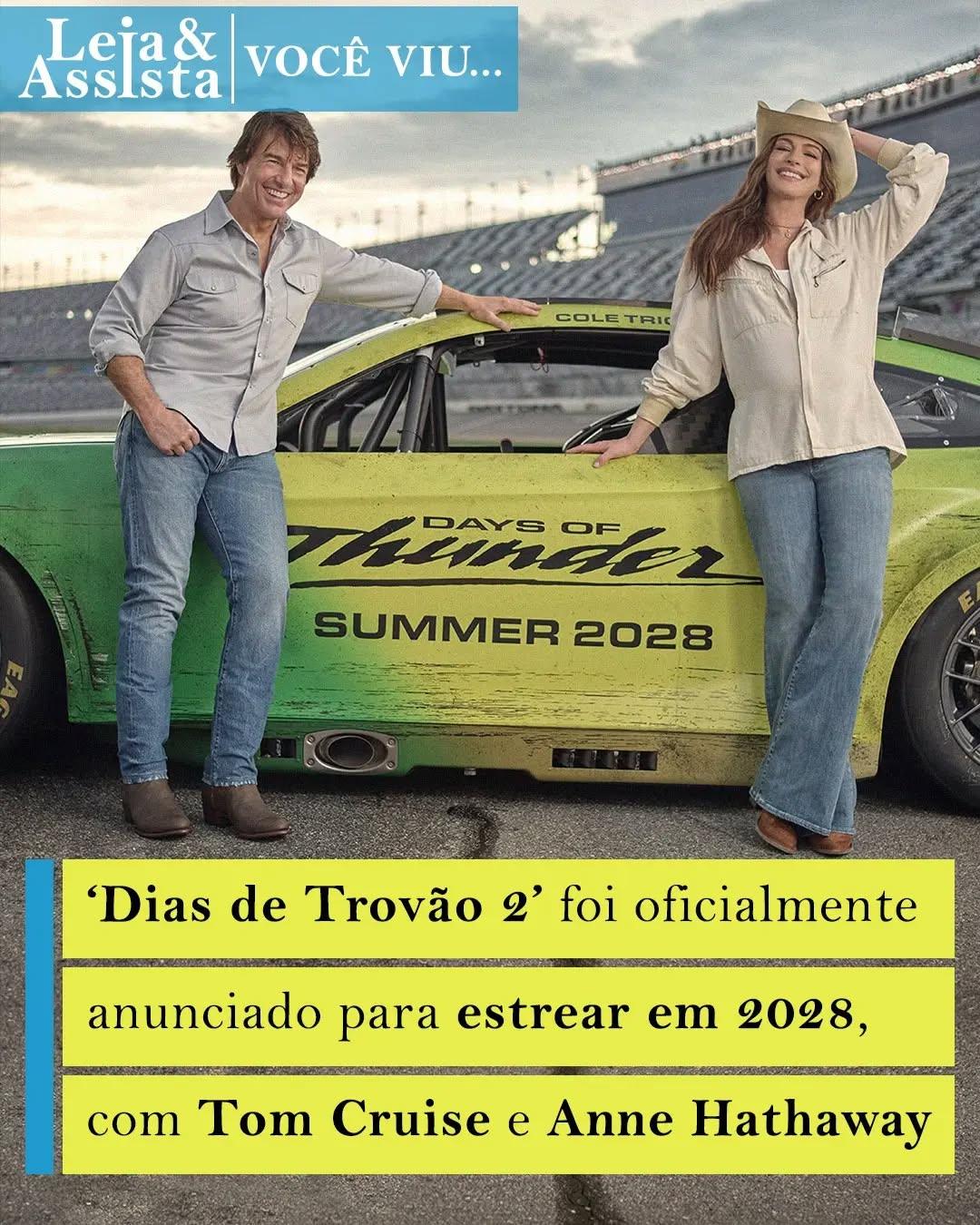 Foi oficialmente divulgada a chegada de "Dias de Trovão 2" para 2028, com Tom Cruise e Anne Hathaway no elenco.Se tudo ocorrer como o planejado, a sequência oficial do clássico filme de automobilismo "Dias de Trovão" (1990) estreará nos cinemas em 2 de junho de 2028, com Cruise e Hathaway como protagonistas.Tom Cruise volta a interpretar o lendário piloto Cole Trickle; ao seu lado, Anne Hathaway interpreta uma engenheira e proprietária de uma equipe de corrida.Jonathan Levine (Mr. Irrelevant) assume a cadeira de diretor, enquanto Jerry Bruckheimer toma conta da produção.Por enquanto, não há detalhes sobre os personagens nem sobre a trama. O roteiro é de Will Staples. A produção é de Cruise, Bruckheimer e Tommy Harper.A origem desse novo filme remonta a "Dias de Trovão", lançado em 1990 e dirigido por Tony Scott. A obra marcou a segunda parceria entre o cineasta e o astro, após o sucesso de "Top Gun: Ases Indomáveis".A história acompanha Cole Trickle (Tom Cruise), um jovem, talentoso e ambicioso piloto de corridas de stock car (NASCAR). O elenco contou com Nicole Kidman, Robert Duvall, Randy Quaid, Cary Elwes, Michael Rooker e Fred Dalton Thompson, além de Cruise.•••#diasdetrovão #diadetrovão2 #daysofthunder #filmesdeação #motorsport