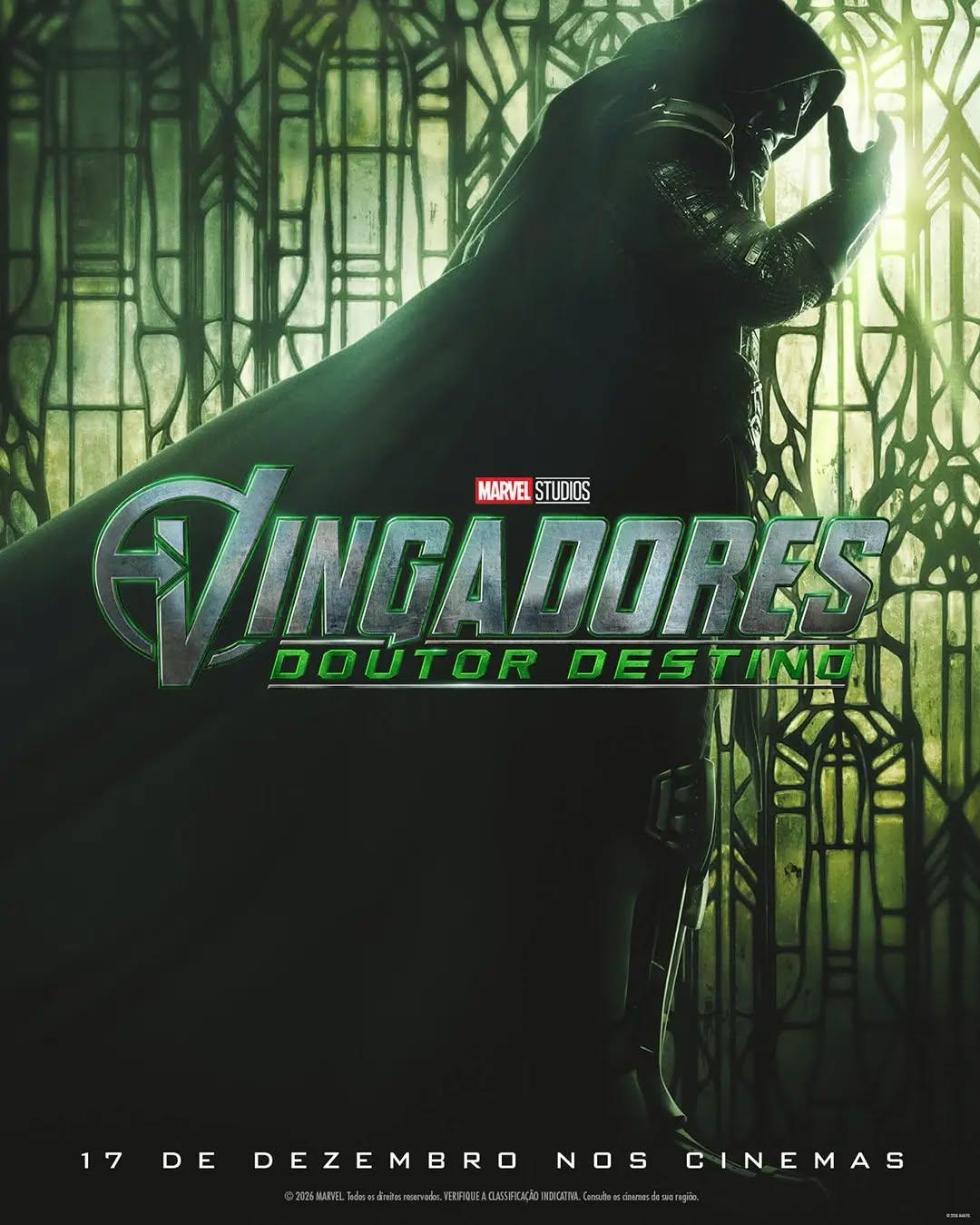 O pôster oficial de "Vingadores: Doutor Destino" (Avengers: Doomsday) mostra o vilão Doutor Destino, interpretado por Robert Downey Jr., no que será o quinto filme da franquia Vingadores, da Marvel.A direção é dos Irmãos Russo, com roteiro de Michael Waldron e Stephen McFeely.A estreia de "Vingadores: Doutor Estranho" nos cinemas nacionais está agendada para 17 de dezembro.•••#vingadores #vingadoresdoutordestino #filmesmarvel #filmesdeação #superherois