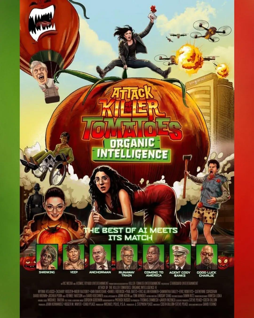 Esta é uma prévia do pôster de "Attack of the Killer Tomatoes: Organic Intelligence", o quinto filme da clássica franquia de terror "Ataque dos Tomates Assassinos" (iniciada em 1978), descrita por seus criadores como uma mistura de "Jurassic Park" e "Dr. Fantástico".Sinopse: "Um jovem prodígio da biotecnologia desenvolve um vegetal geneticamente modificado revolucionário, projetado para resolver os problemas da humanidade. Mas quando o experimento sai do controle, ele libera uma nova geração de tomates assassinos, preparando o terreno para mais um capítulo escandaloso da consagrada franquia cult."Para compor o elenco, a produção escalou John Astin, que reprisará seu papel como Professor Gangrena dos filmes anteriores da franquia, além de Myrna Velasco, Zachary Roozen, Noor Razooky, Dan Bakkedahl, Daniel Roebuck, Paul Bates, Eric Allan Kramer, Samantha Bailey, David Koechner, Eric Roberts, Catherine Corcoran (Terrifier), David Brown, Joshua Poon, Vernée Watson e Tom Arnold.O tão aguardado longa-metragem, que tem seus tomates jogados em um liquidificador, resultando em uma mistura de gêneros como comédia trash, ficção científica e terror, tem David Ferino na direção e na edição, enquanto o roteiro é assinado por Costa Dillon e J. Stephen Peace, que acompanham a saga desde o início.A estreia mundial do trailer ocorrerá durante um painel do filme na San Diego Comic-Con, na sexta-feira, dia 24 de julho, às 19h15, com a presença dos cineastas e do elenco.A estreia acontecerá, por enquanto, em algumas cidades selecionadas dos Estados Unidos, incluindo Nova York, Los Angeles, Chicago, San Diego e outras, em 7 de agosto. Ainda não há uma data de lançamento confirmada para os cinemas ou plataformas digitais no Brasil.Fonte: Rue Morgue.•••#oataquedostomatesassassinos #filmesdeterror #filmestrash #filmesdecomedia #filmescult