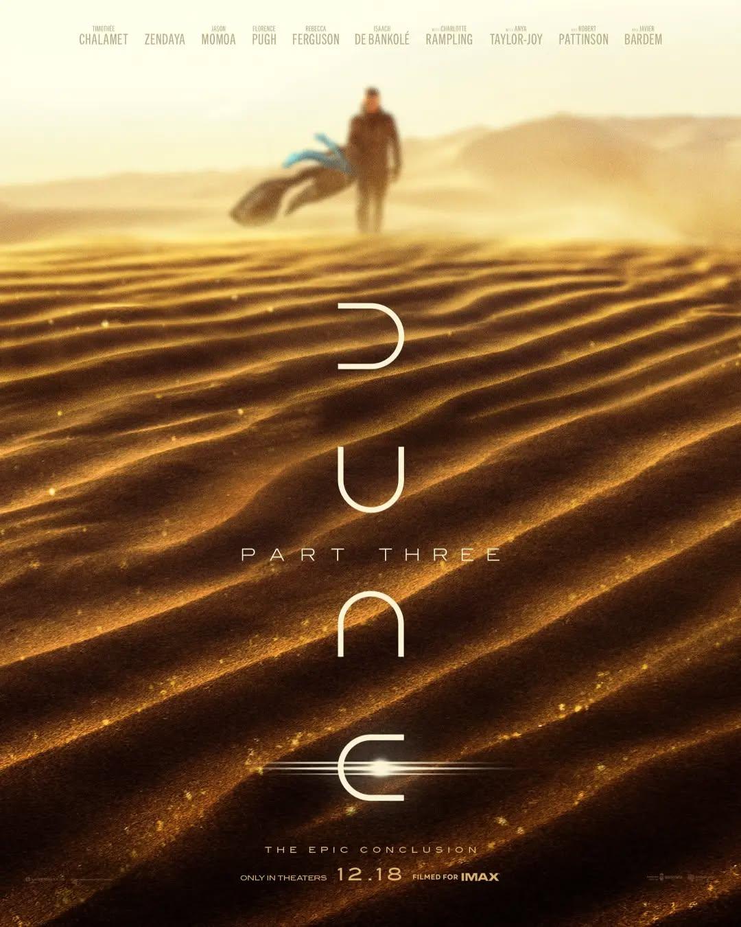 Todas as lendas chegam ao fim. Confira o novo pôster oficial de "Duna: Parte 3", o terceiro filme da franquia de ficção científica dirigida por Denis Villeneuve.A história se passa anos após a vitória de Paul Atreides (Timothée Chalamet) sobre a Casa Harkonnen. Paul agora governa como Imperador da galáxia, lidando com o peso da violenta Guerra Santa travada em seu nome, conspirações políticas, visões apocalípticas e uma gravidez de risco de Chani (Zendaya).O roteiro é baseado no livro Messias de Duna (1969), escrito por Frank Herbert. A estreia do longa-metragem nos cinemas brasileiros está marcada para 17 de dezembro de 2026.•••#duna #dunaparte3 #denisvilleneuve #ficcaocientifica #frankherbert