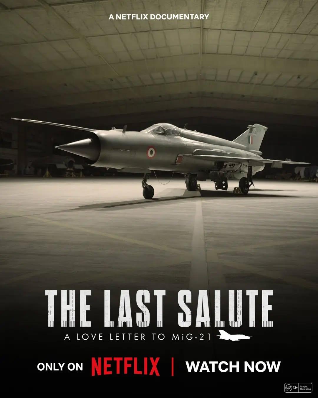 Este é o pôster do documentário indiano "The Last Salute: A Love Letter to MiG-21", lançamento original da Netflix.O documentário retrata o capítulo final do clássico caça MiG-21 na Força Aérea Indiana, cobrindo sua história de 62 anos e a despedida da aeronave.A produção ficou a cargo da empresa Matchbox Shots. Kushal Srivastava ficou responsável pela direção e pelo roteiro. A estreia mundial ocorreu em 26 de agosto de 2026 na Netflix.•••#thelastsalute #MiG21 #MiG21bis #documentário #netflixbr