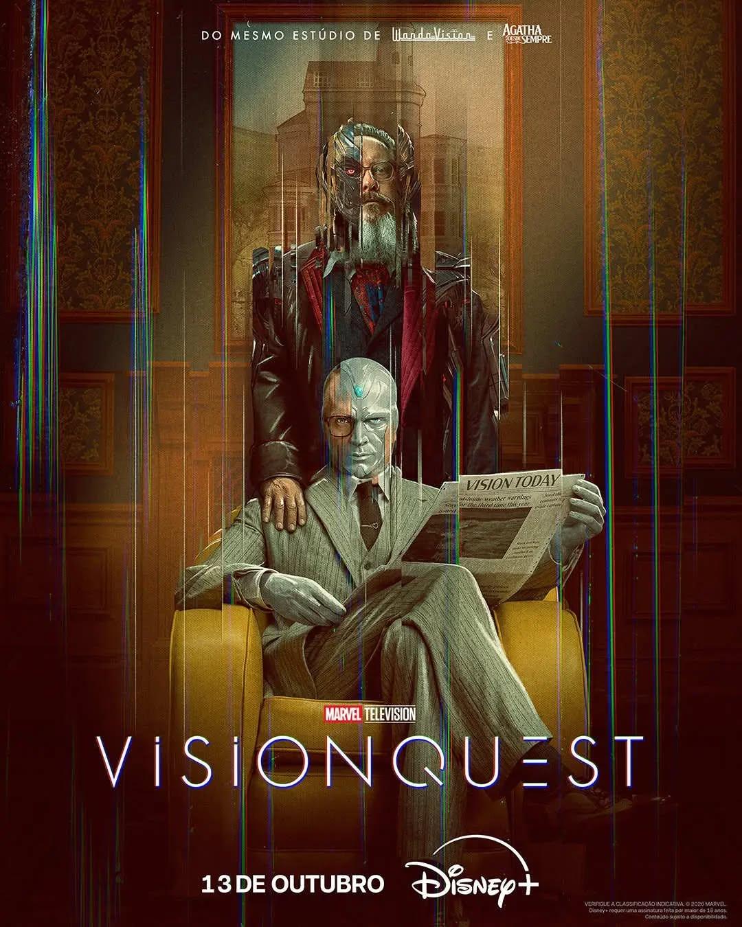 Pôster oficial da série "Vision Quest", produzida pela Marvel Studios e dedicada ao Visão.O personagem-título é interpretado por Paul Bettany, que retorna após "WandaVision", enquanto seu antagonista, o supervilão robô Ultron, é interpretado por James Spader.A estreia está agendada para o dia 14 de outubro, no Disney+ como parte da Fase Seis do Universo Cinematográfico Marvel. •••#visionquest #paulbettany #seriesmarvel #disneyplus #jamesspader